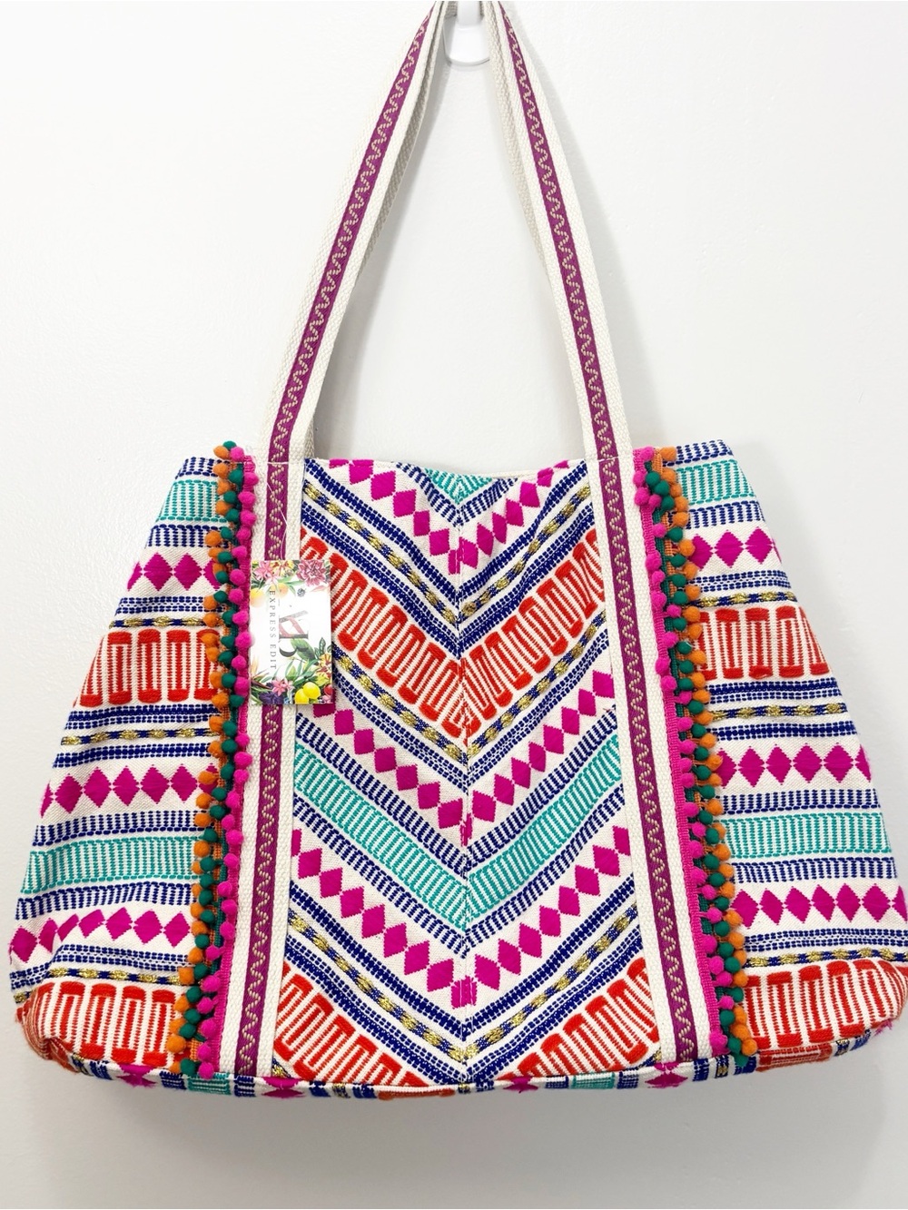 Boho Embroidered Pom Pom Tribal Woven Aztec Diamond Pattern Large Tote Bag